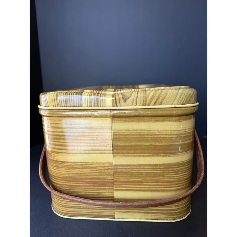 Vintage 1950s Faux Wood Grain Metal Picnic Basket with Wooden Handles